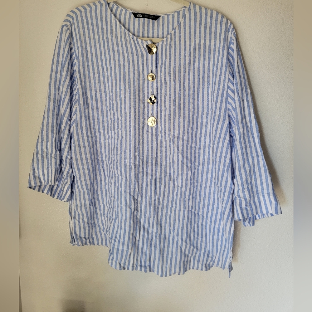 Zara Light Blue and White Striped Blouse